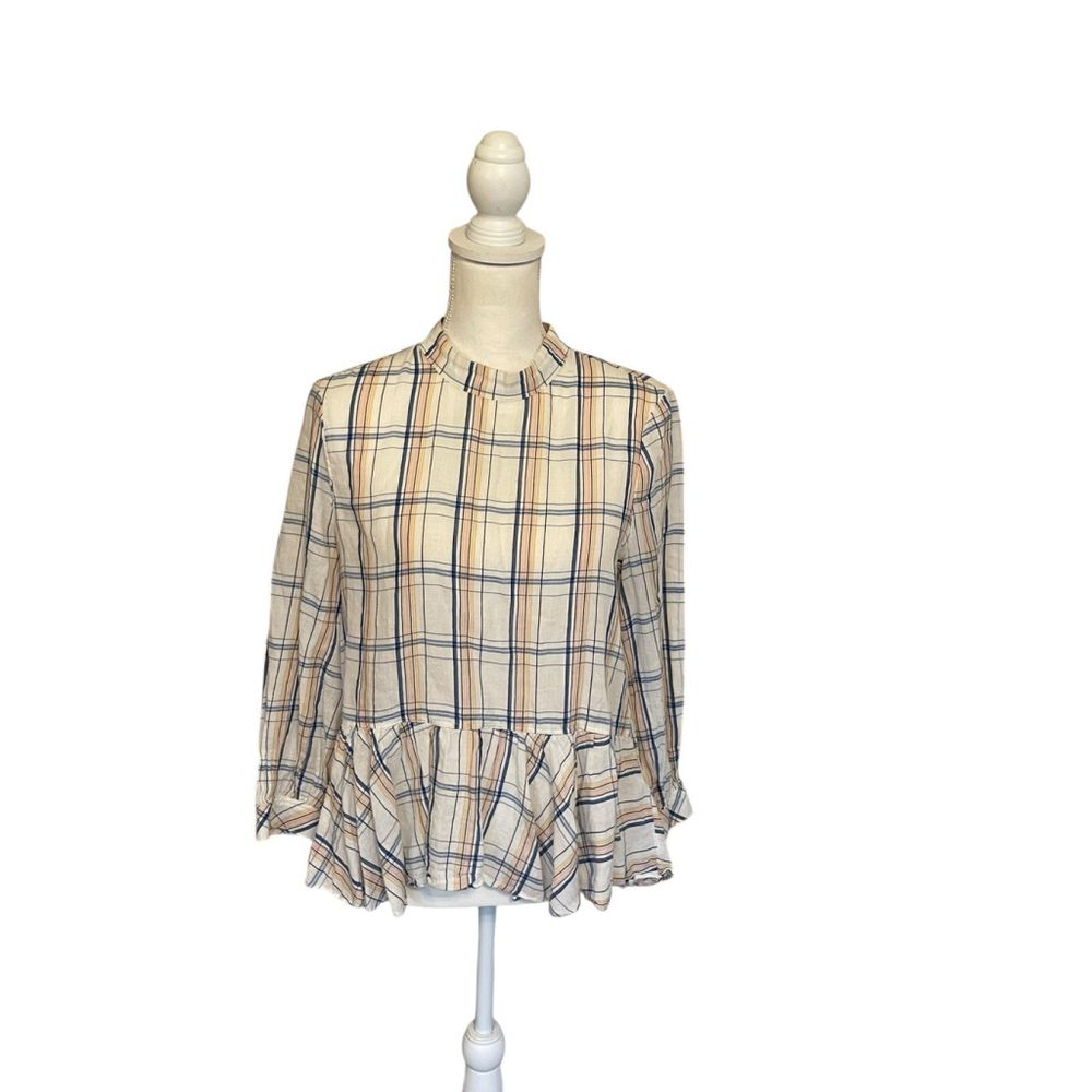 ANTHROPOLOGIE Maeve Plaid Ruffle Blouse Long Sleeve Feminine High Low Hem Size 4